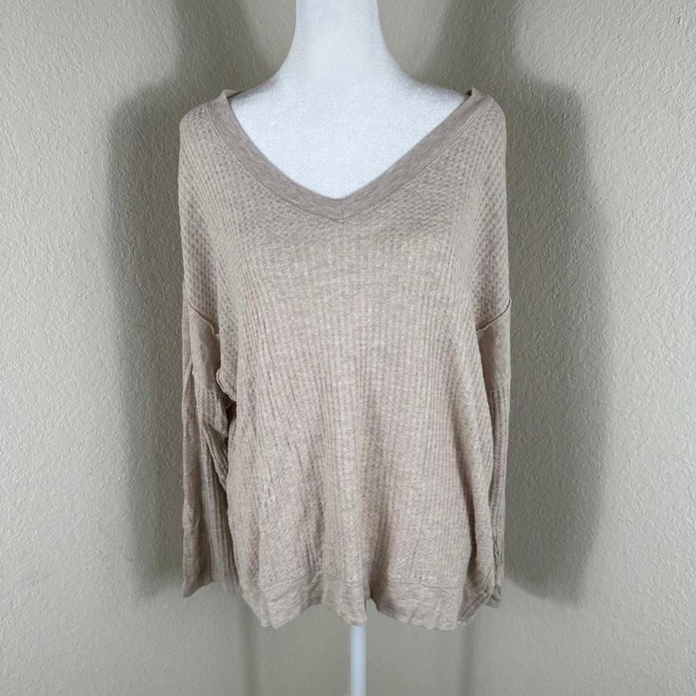 Democracy Sweater Women Large Beige Waffle Knit Capsule Wardrobe Layering Comfy